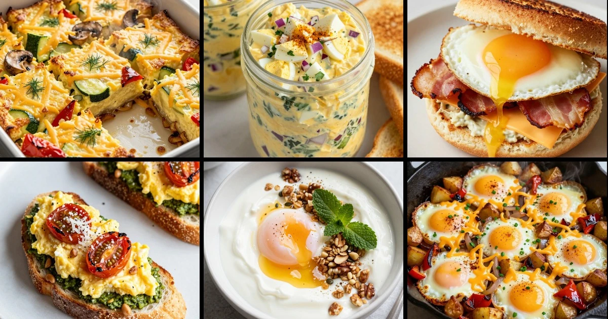 Collage of six egg breakfast recipes including baked casserole, egg salad, sandwich, toast, yogurt bowl, and skillet dish.